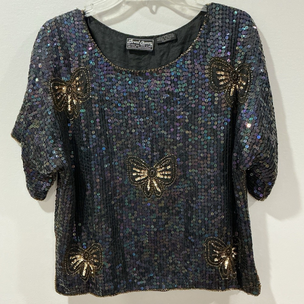 Vintage Sequin silk Top Size Medium black Gold Bow JEWEL QUEEN 80s Iridescent